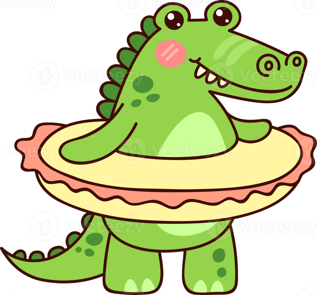 crocodilo verde bonito com anel de borracha. personagem kawaii em estilo cartoon. ilustração de design isolada em fundo transparente png. png