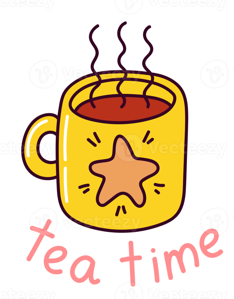 Cup with hot drink sticker. Tea time. Cute doodle with text. Sticker with white contour for planner, scrapbooking. Hand drawn colorful vector illustration on transparent background. png