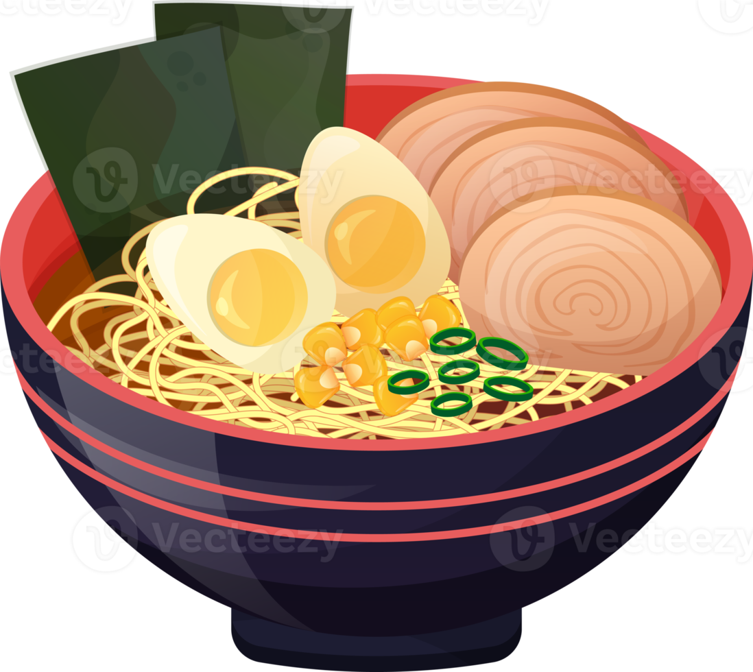 Ramen with egg. Japanese noodle food. Colorful illustration on transparent background. png