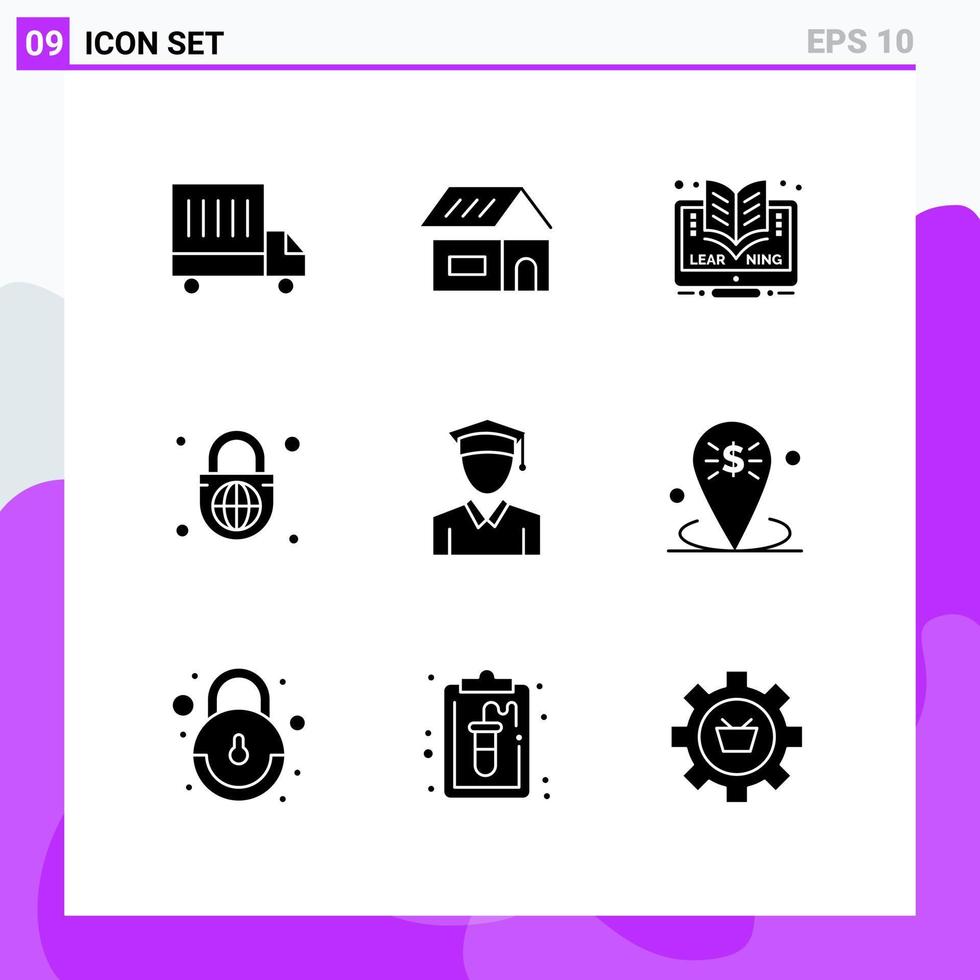 Set of 9 Vector Solid Glyphs on Grid for graduation cap elearning globe with lock globe Editable Vector Design Elements