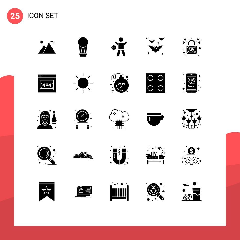 Mobile Interface Solid Glyph Set of 25 Pictograms of heart halloween exercise bats man Editable Vector Design Elements
