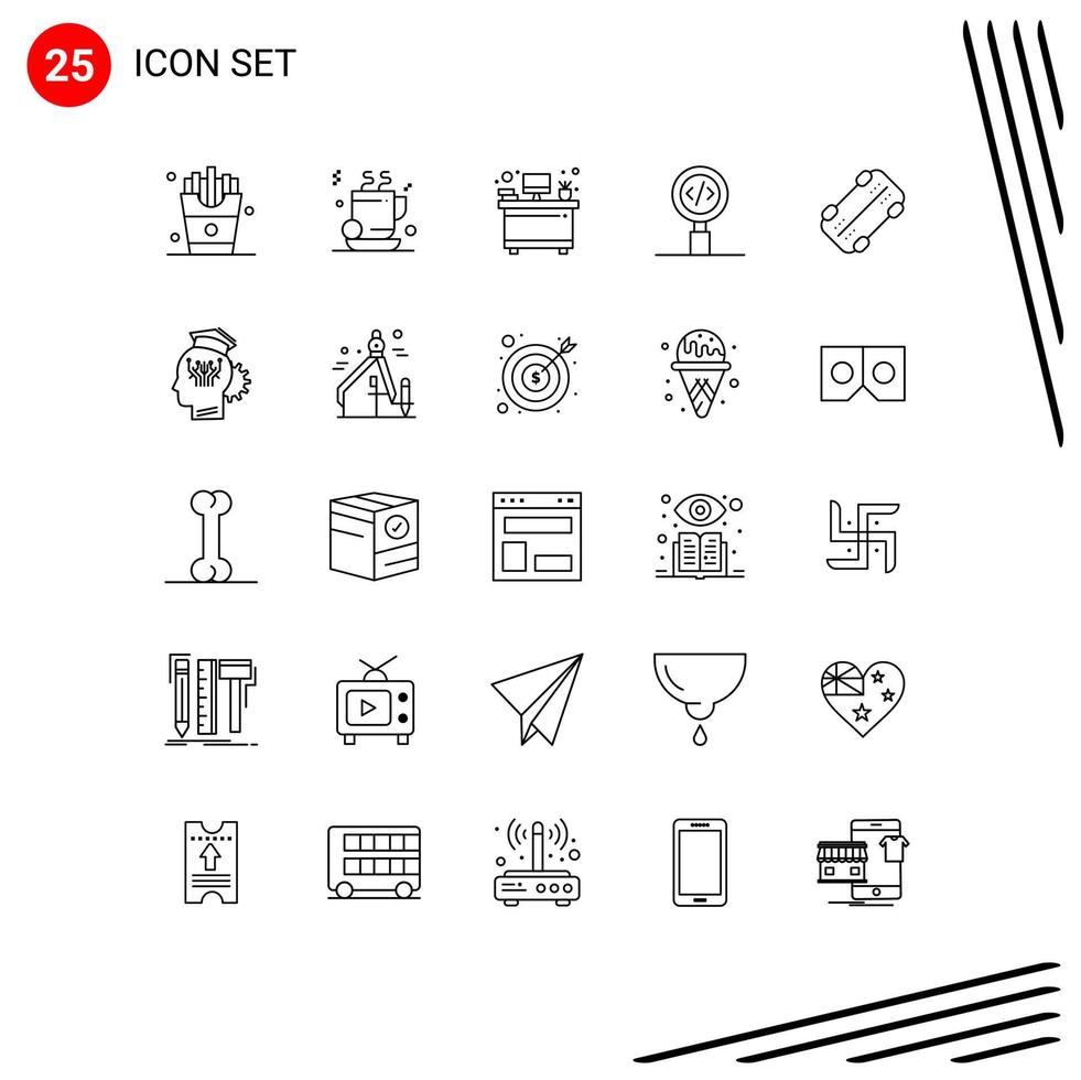 Pack of 25 Modern Lines Signs and Symbols for Web Print Media such as skateboard search desk programming coding Editable Vector Design Elements