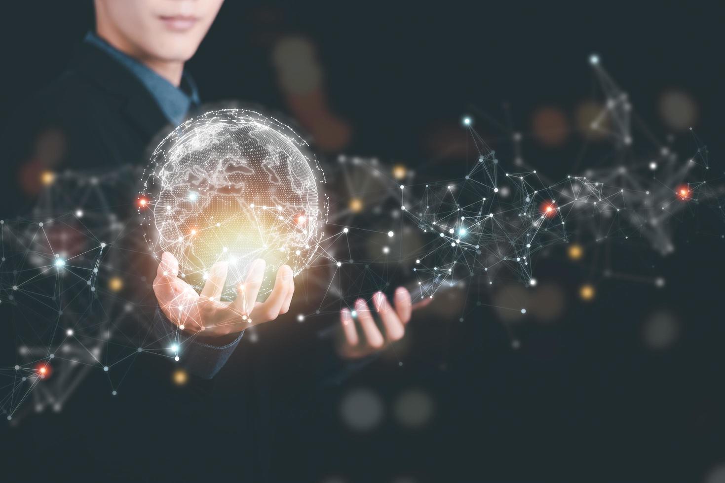 a man and virtual icon,modern cyberspace network technology concept,to communicate and connect information through a global society,innovative and scientific ideas,working through high speed internet photo