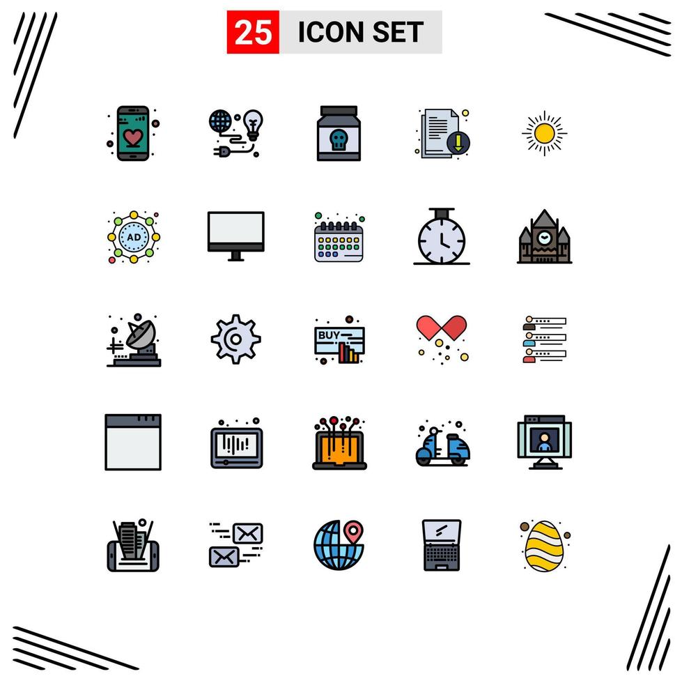 Mobile Interface Filled line Flat Color Set of 25 Pictograms of sun file danger download toxic Editable Vector Design Elements