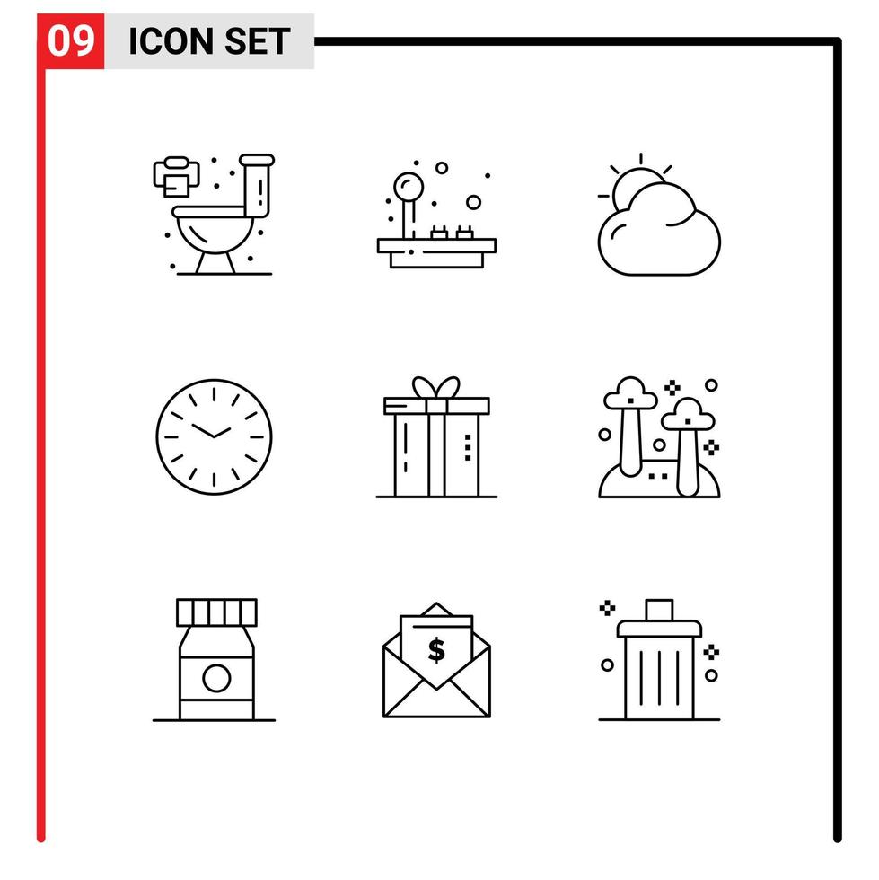 Universal Icon Symbols Group of 9 Modern Outlines of present gift beach dinner clock Editable Vector Design Elements