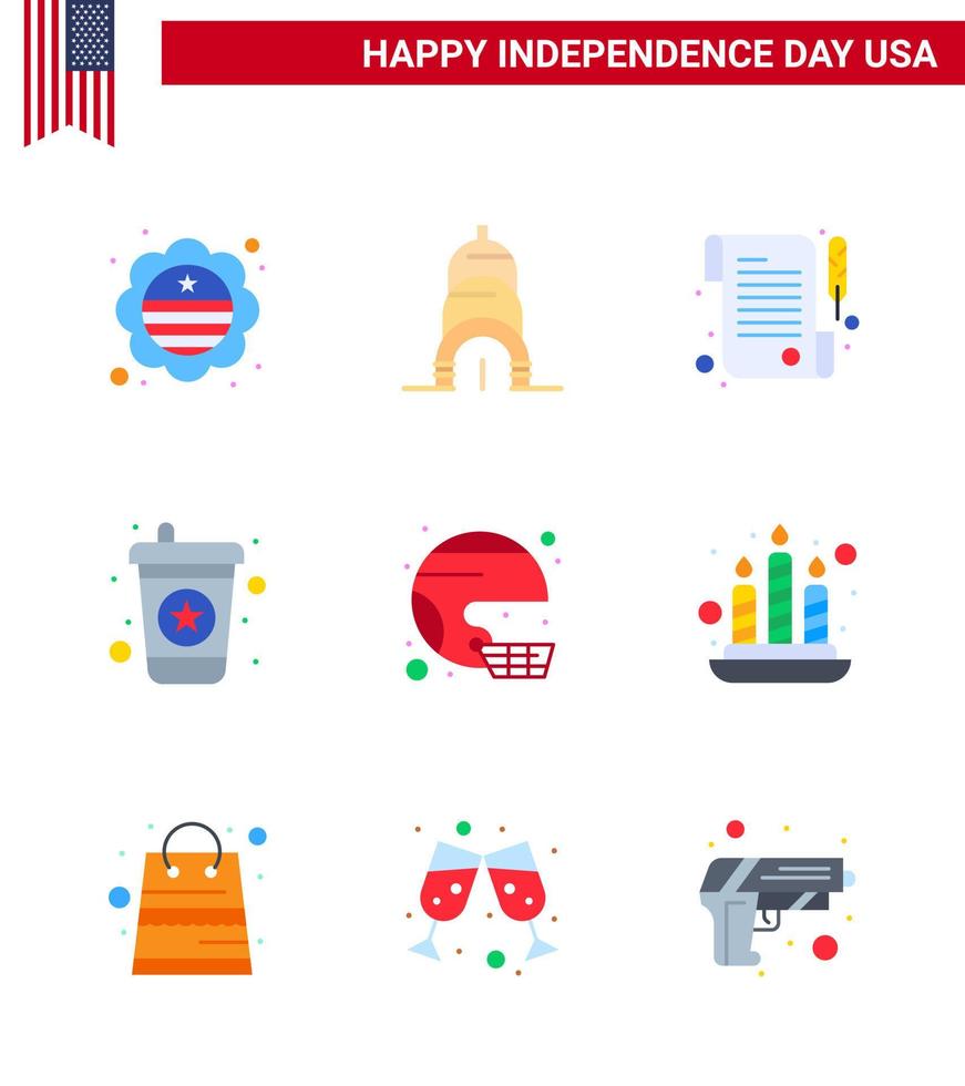 USA Independence Day Flat Set of 9 USA Pictograms of state helmet receipt football soda Editable USA Day Vector Design Elements