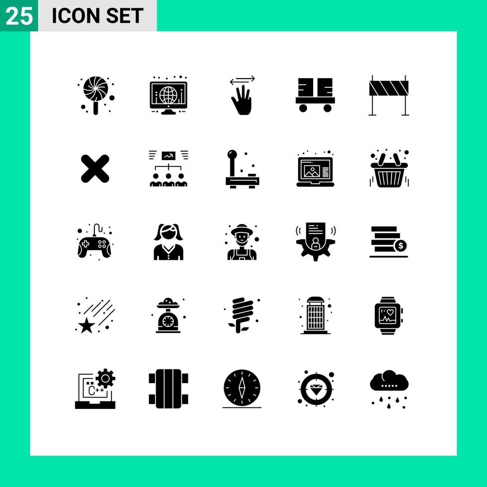 Solid Glyph Pack of 25 Universal Symbols of barrier forklift truck hand cursor forklift caterpillar vehicles Editable Vector Design Elements