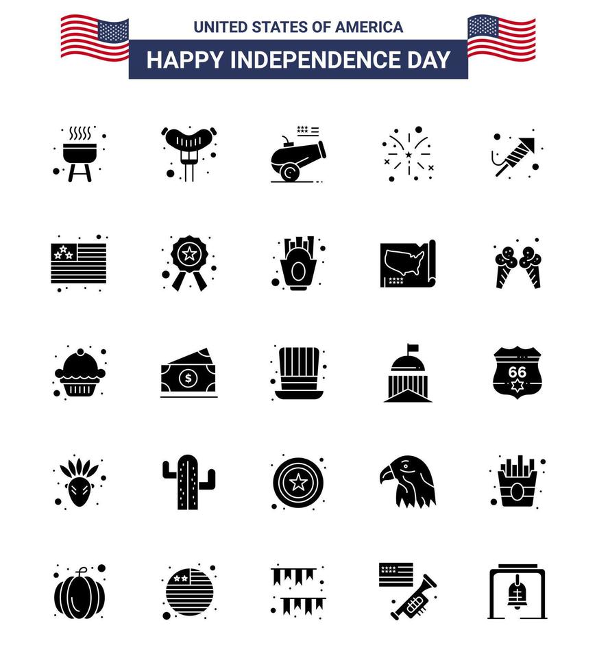 Pack of 25 creative USA Independence Day related Solid Glyph of day religion howitzer fire work american Editable USA Day Vector Design Elements