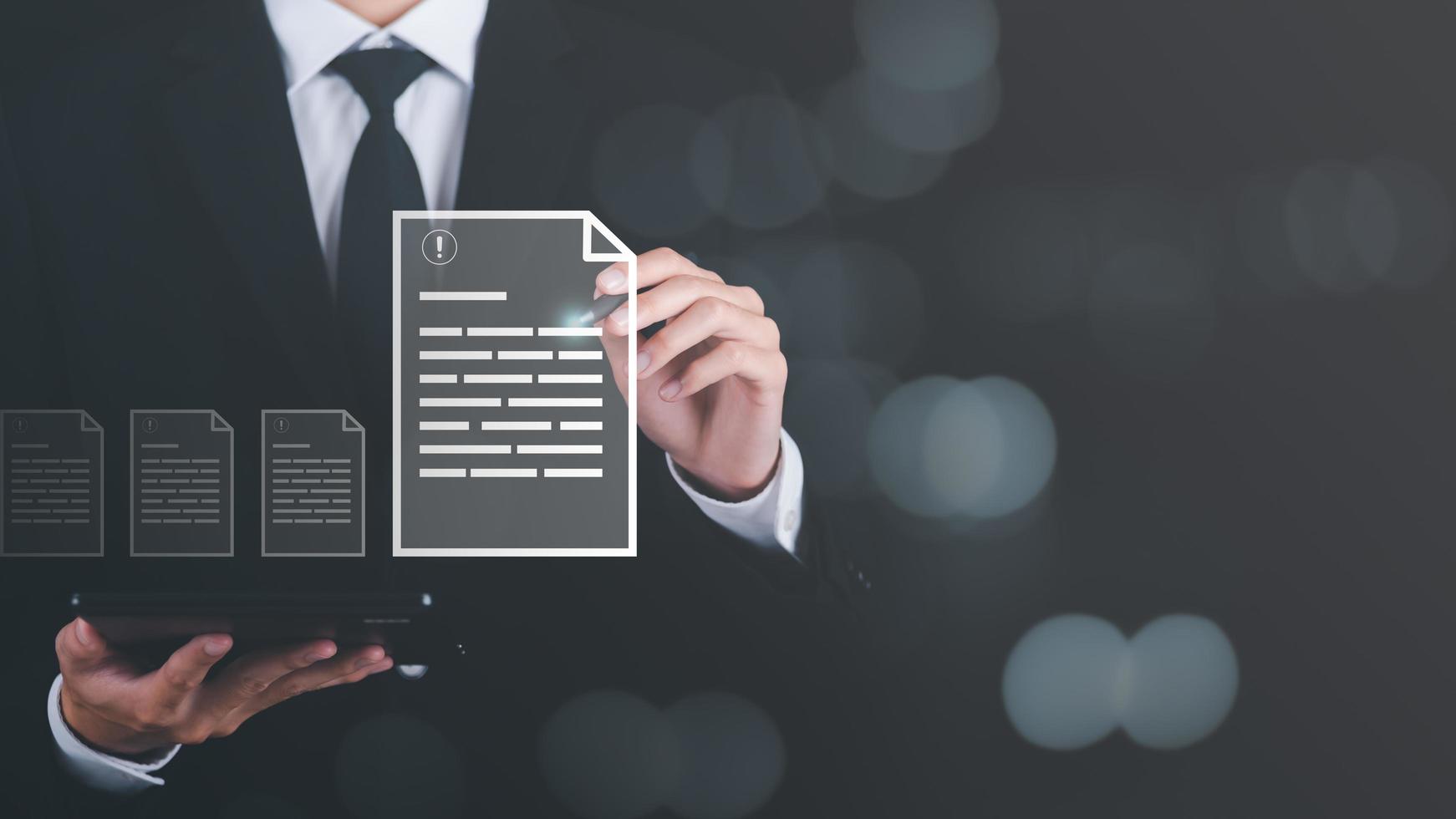 Businessman checking the steps through a virtual online document with a list of checkboxes Concepts of practices and policies, company articles of association Terms and Conditions photo