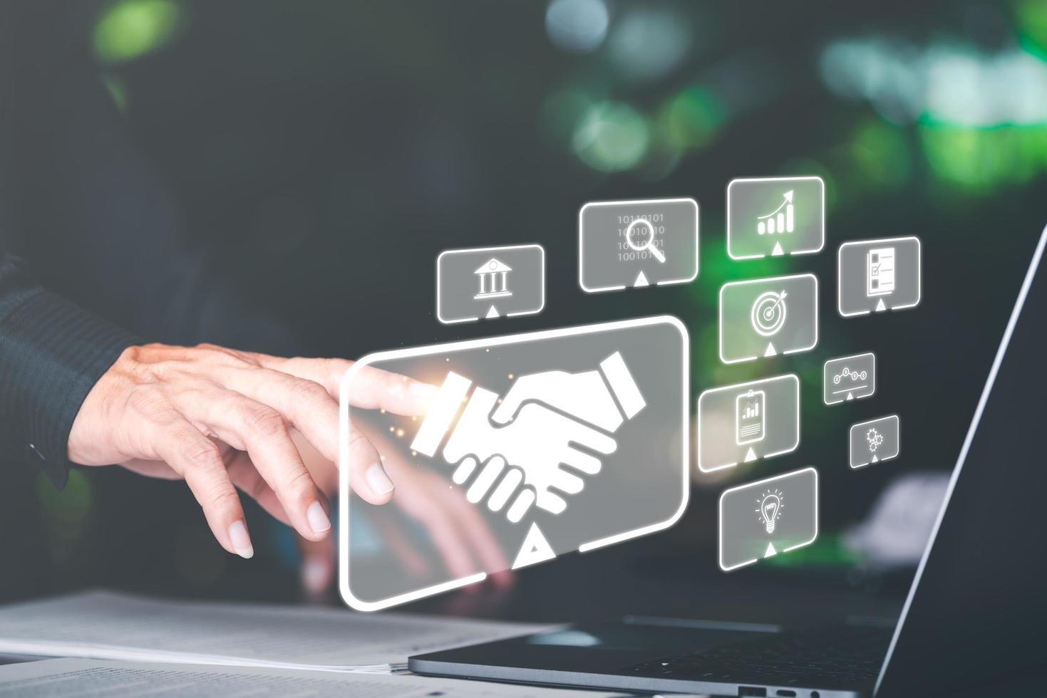 Businessman checking and managing documents online, document agreement, document concept, business contract signing, confirmation of contract document, goal and business cooperation agreement. photo