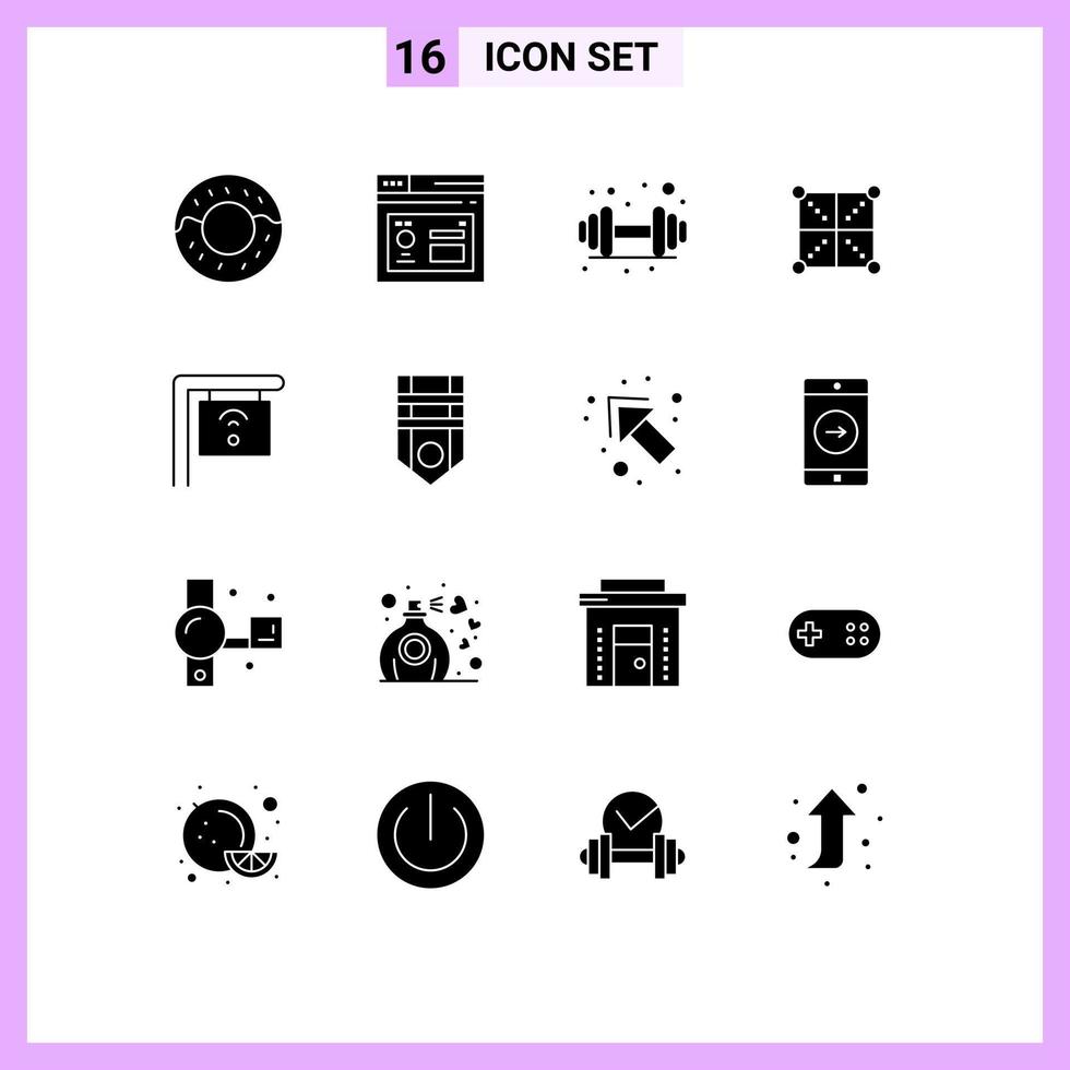 Set of 16 Vector Solid Glyphs on Grid for badge internet sport cafe programing Editable Vector Design Elements