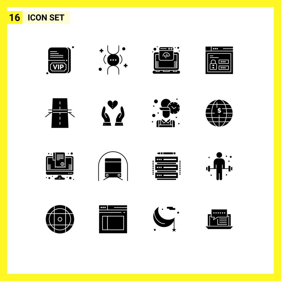 Mobile Interface Solid Glyph Set of 16 Pictograms of creative bridge hosting code web Editable Vector Design Elements