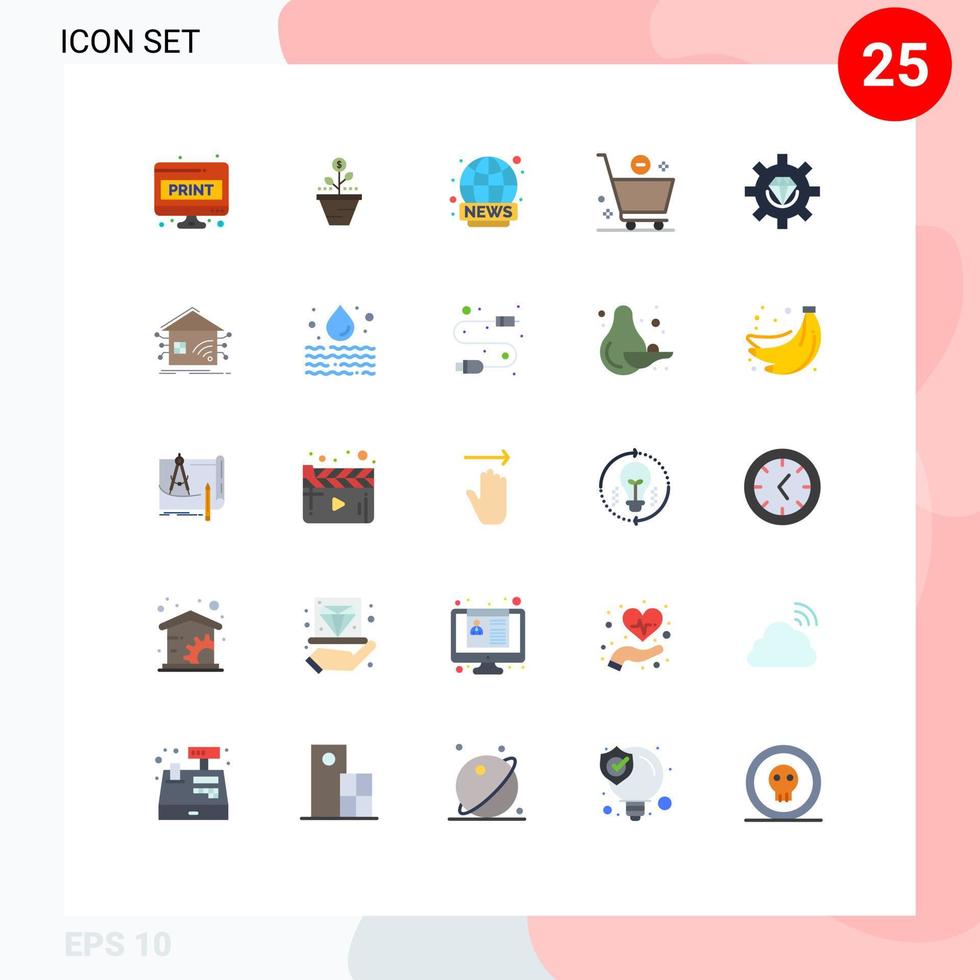 Editable Vector Line Pack of 25 Simple Flat Colors of cart live finance broadcasting raise Editable Vector Design Elements