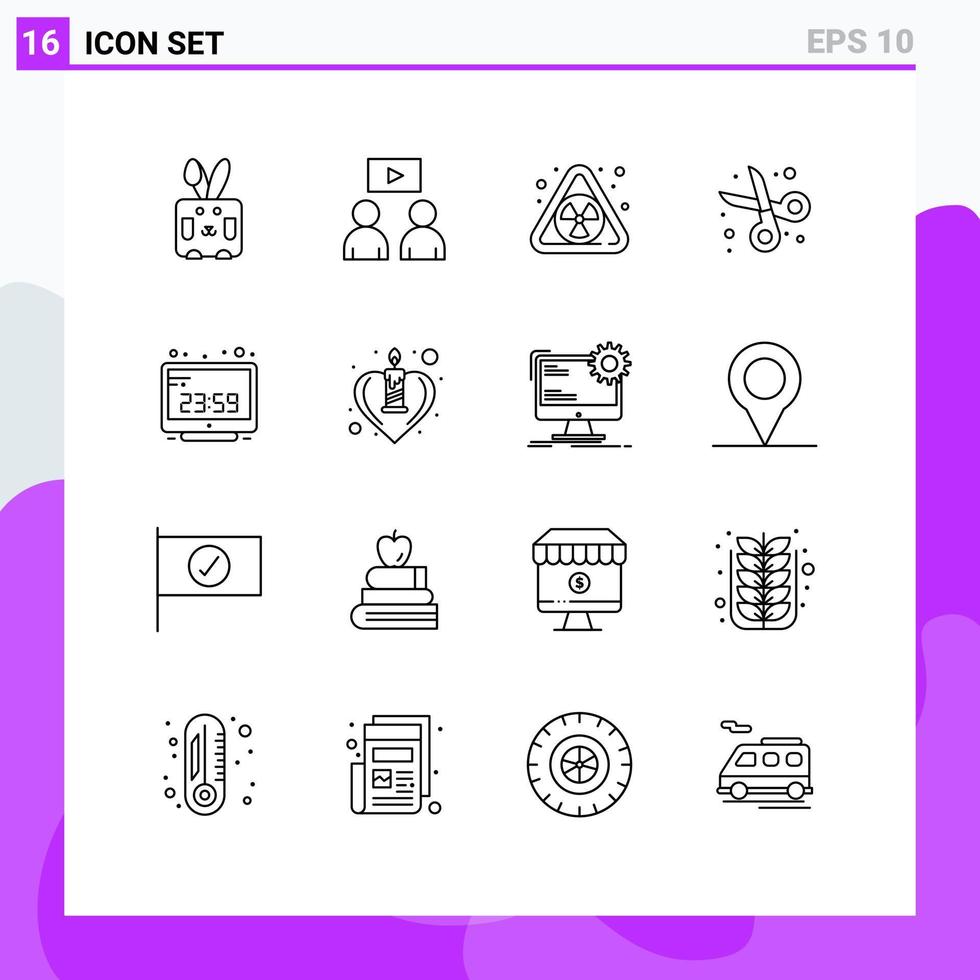 Set of 16 Modern UI Icons Symbols Signs for computer clock clock pollution student education Editable Vector Design Elements