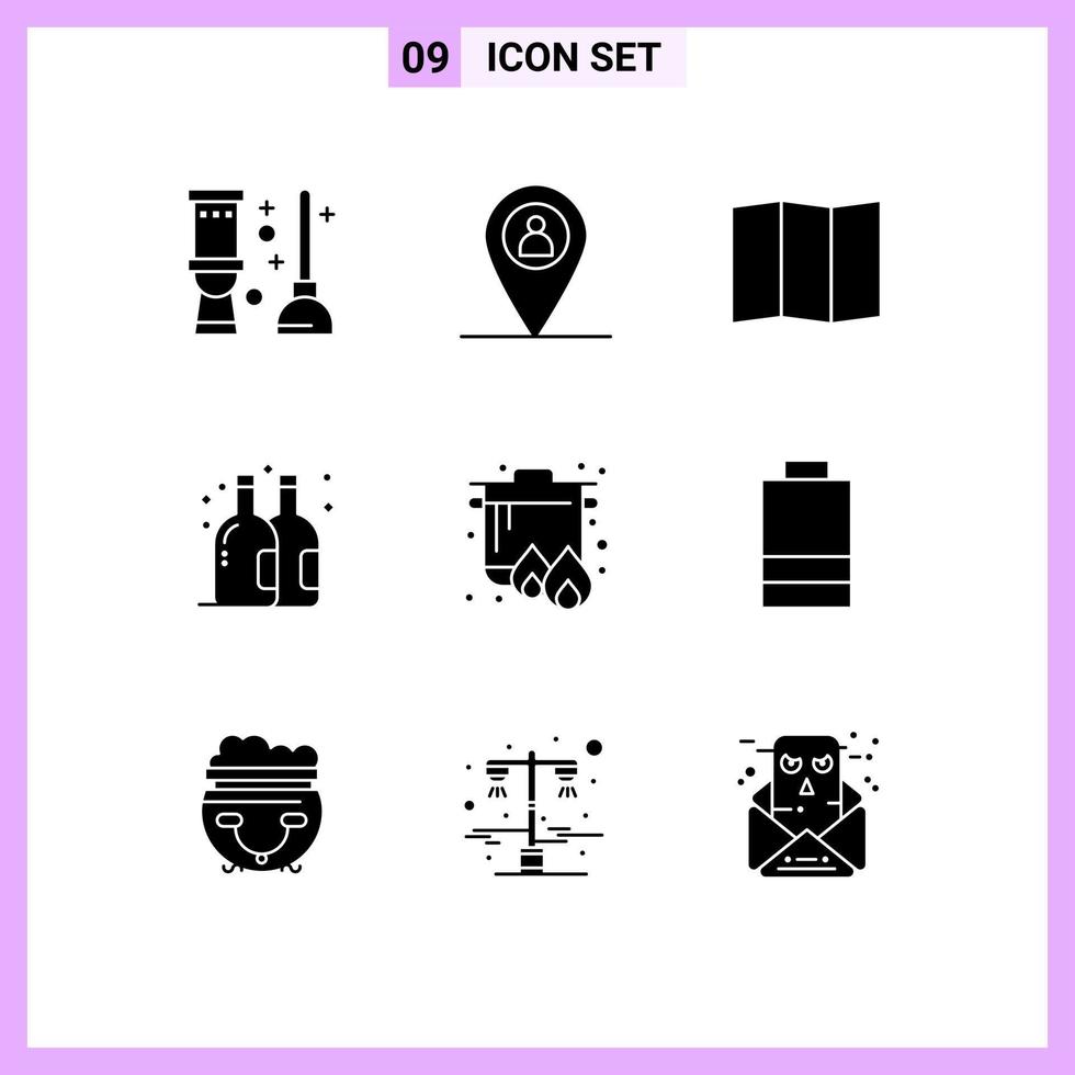 conjunto moderno de 9 pictogramas de glifos sólidos de elementos de diseño de vectores editables de hervir de mapa de cocina eléctrica