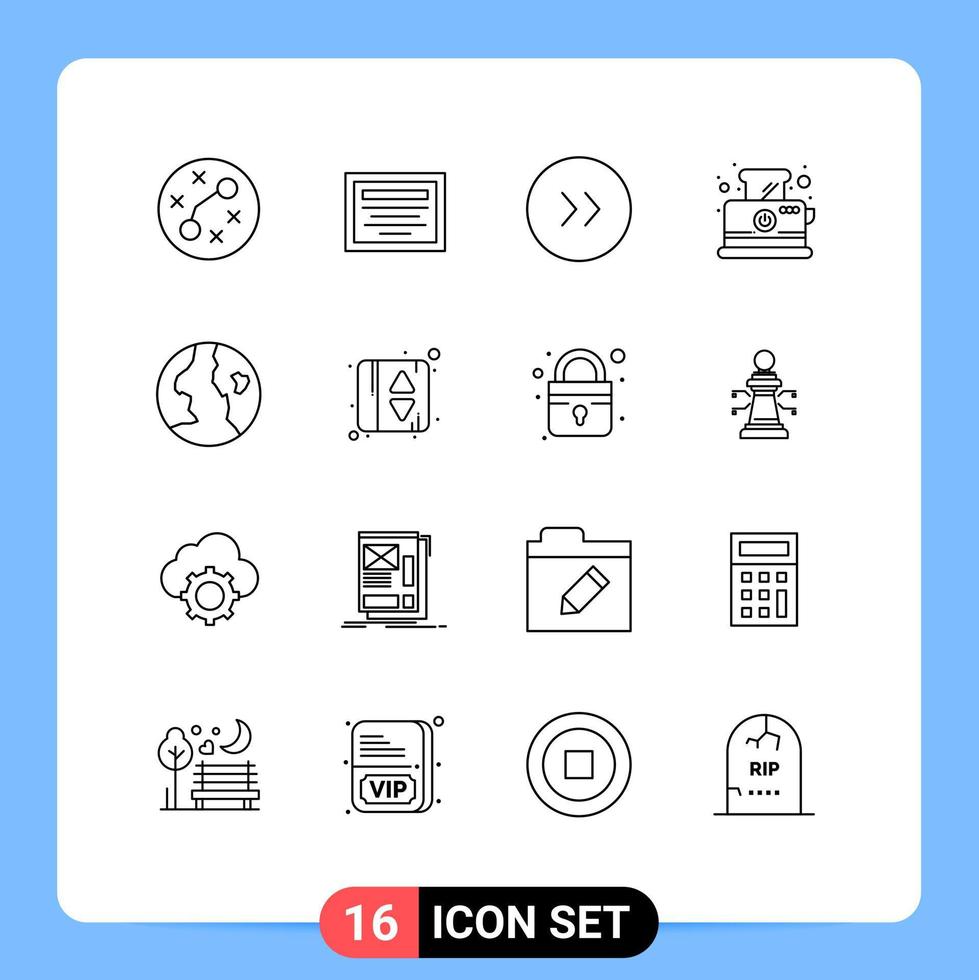 User Interface Pack of 16 Basic Outlines of elevator globe circle earth toaster Editable Vector Design Elements