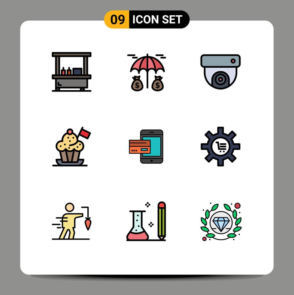 Modern Set of 9 Filledline Flat Colors Pictograph of banking payment cctv flag cooker Editable Vector Design Elements