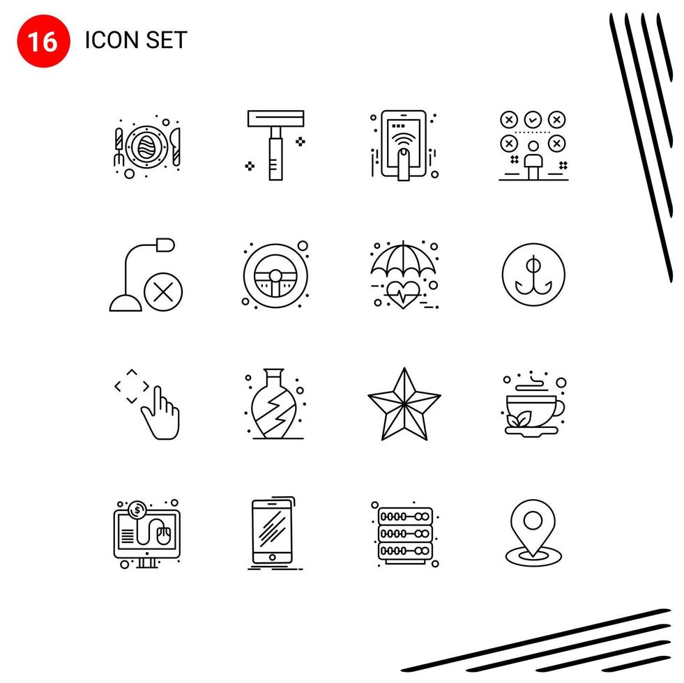 Pictogram Set of 16 Simple Outlines of computers user hand man checklist Editable Vector Design Elements