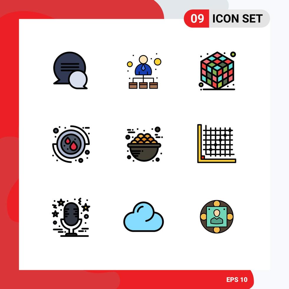 Pack of 9 Modern Filledline Flat Colors Signs and Symbols for Web Print Media such as breakfast food gadget bowl medical Editable Vector Design Elements