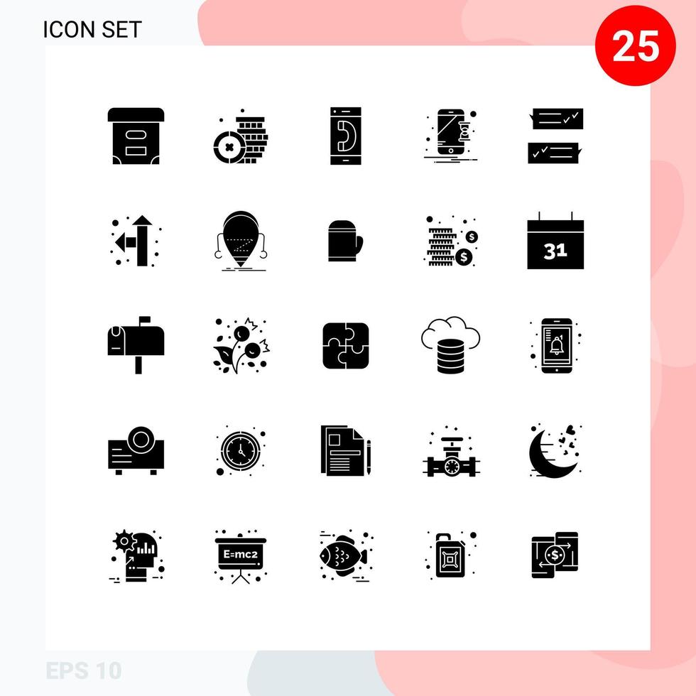 Pack of 25 Modern Solid Glyphs Signs and Symbols for Web Print Media such as help chat contact notification hourglass Editable Vector Design Elements