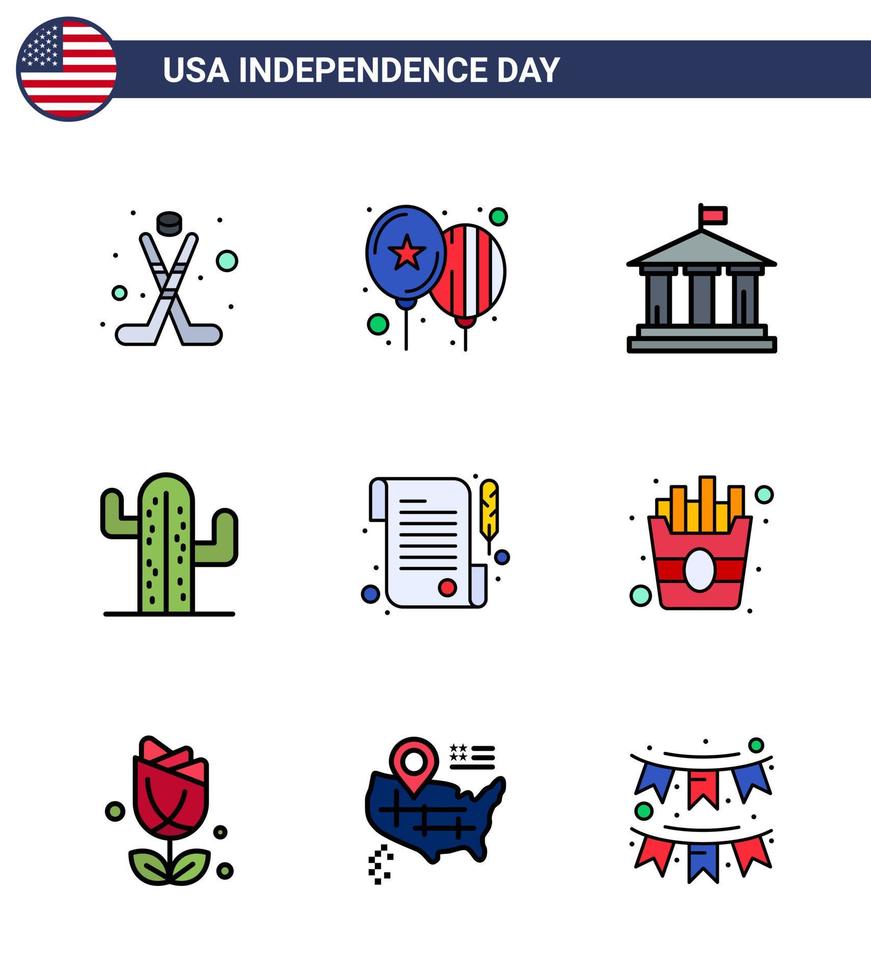 feliz día de la independencia usa paquete de 9 líneas creativas llenas planas de recibo banco americano plent cactus elementos de diseño vectorial editables del día de usa vector