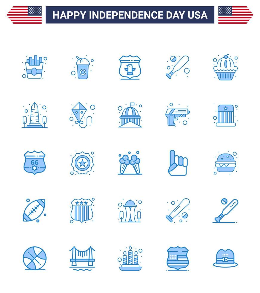 25 USA Blue Signs Independence Day Celebration Symbols of cake muffin usa american bat Editable USA Day Vector Design Elements