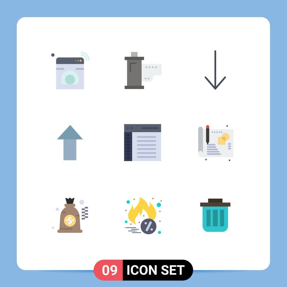 interfaz móvil conjunto de colores planos de 9 pictogramas de la aplicación de comunicación hollywood subir flecha elementos de diseño vectorial editables vector