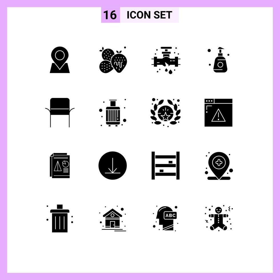 Pack of 16 Modern Solid Glyphs Signs and Symbols for Web Print Media such as furniture sprayer leak spray bottle Editable Vector Design Elements