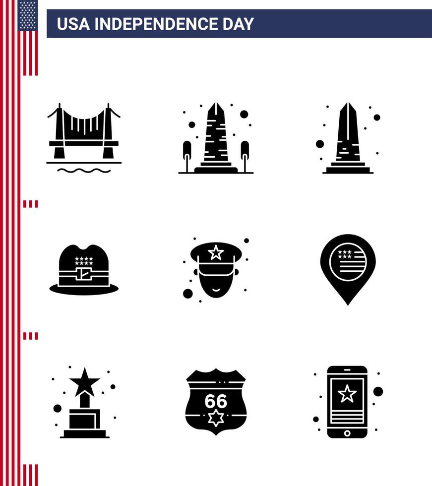 Solid Glyph Pack of 9 USA Independence Day Symbols of map american washington police man Editable USA Day Vector Design Elements