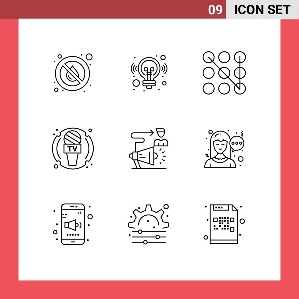 conjunto moderno de 9 contornos y símbolos, como elementos de diseño de vectores editables de dispositivo de micrófono de solución de noticias de destino