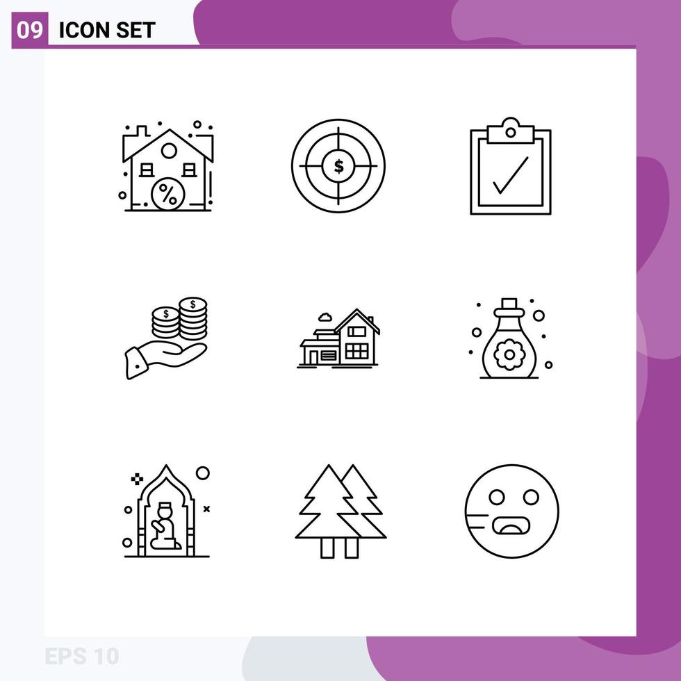 9 Universal Outlines Set for Web and Mobile Applications money finance target economy care Editable Vector Design Elements