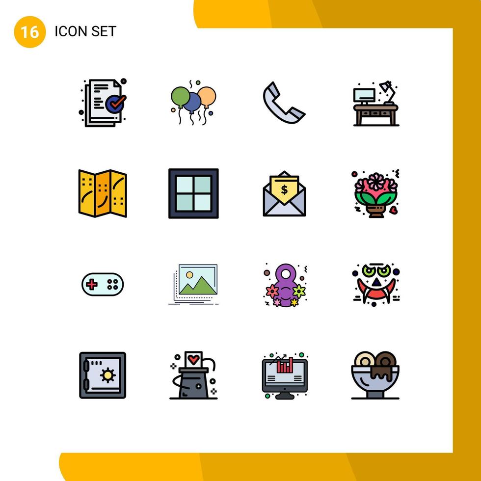 Modern Set of 16 Flat Color Filled Lines and symbols such as location map phone desk living Editable Creative Vector Design Elements