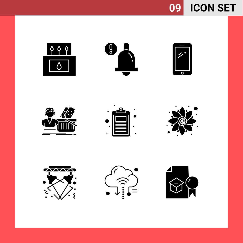 9 Universal Solid Glyphs Set for Web and Mobile Applications check shopping smart phone basket salary Editable Vector Design Elements