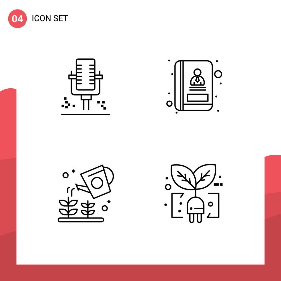 paquete de 4 signos y símbolos de colores planos de línea de llenado modernos para medios de impresión web, como grabación de naturaleza de micrófono, comunicación, ecología, elementos de diseño de vectores editables