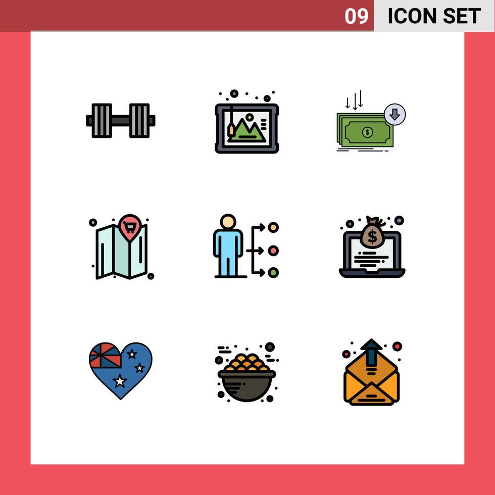 Group of 9 Modern Filledline Flat Colors Set for connect location business map finance Editable Vector Design Elements