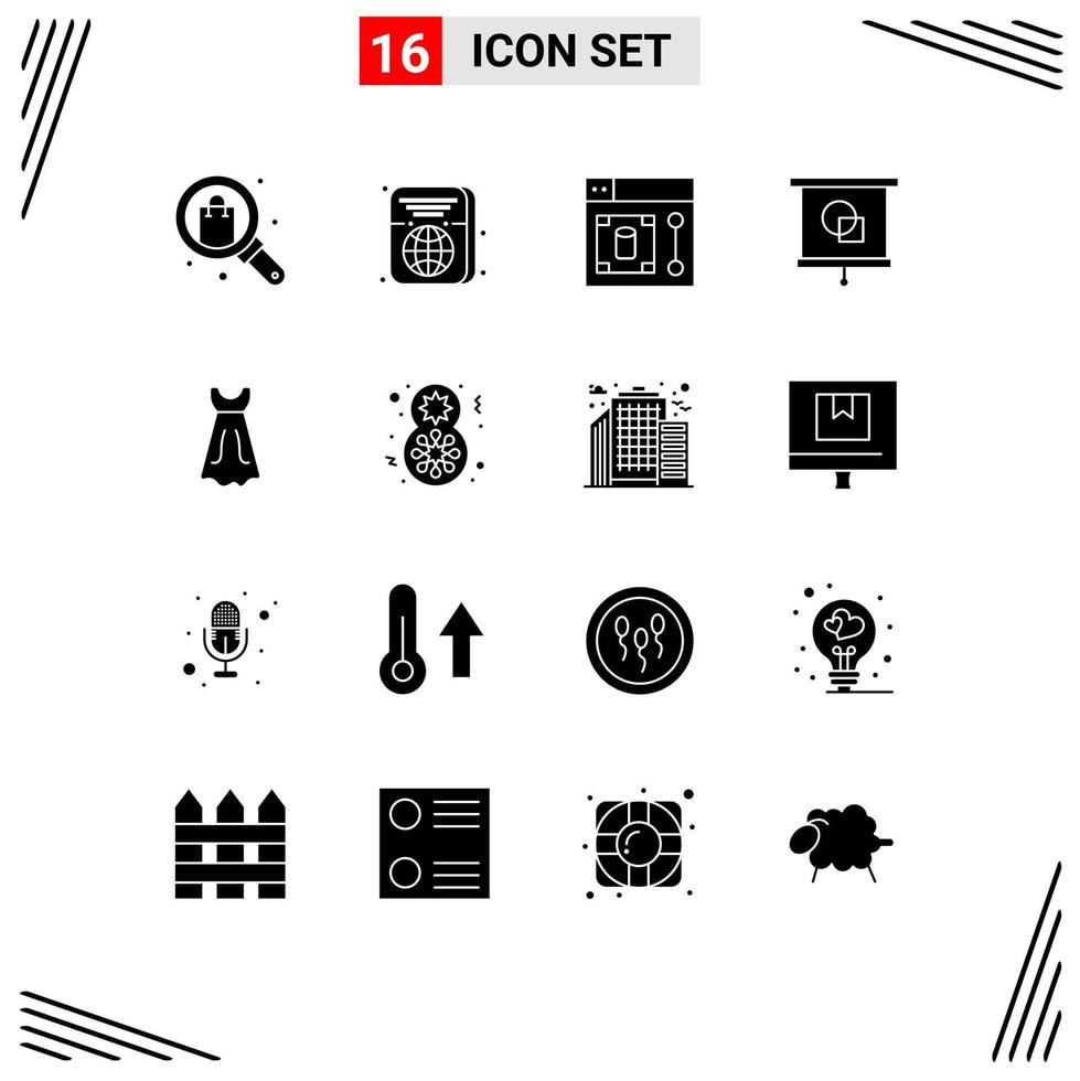 Mobile Interface Solid Glyph Set of 16 Pictograms of dress projector id education tool Editable Vector Design Elements