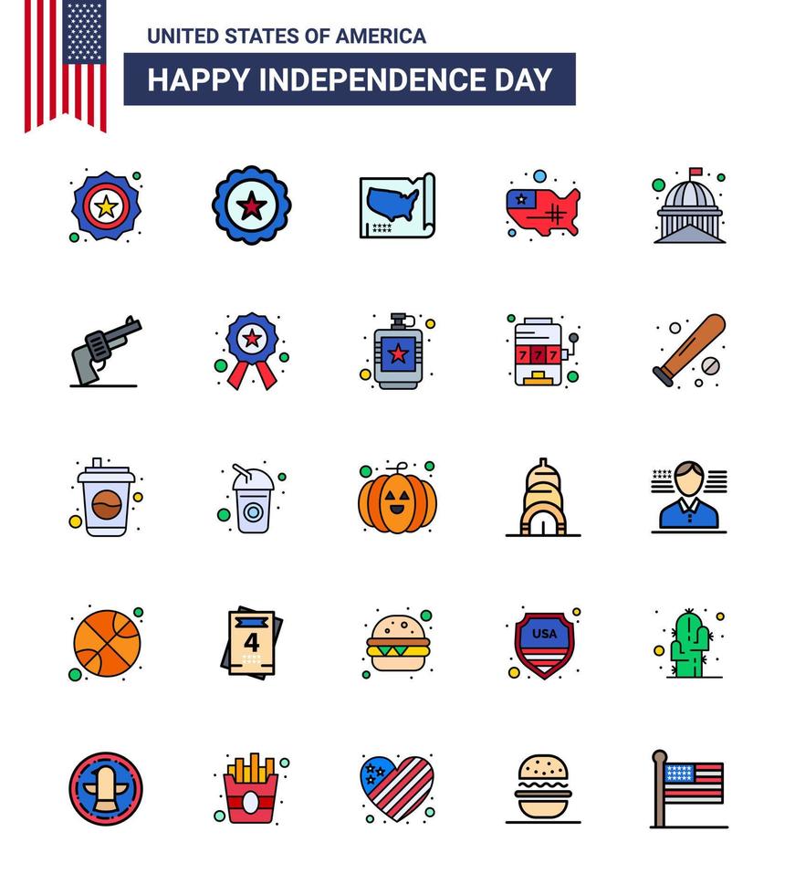 Set of 25 Modern Flat Filled Lines pack on USA Independence Day gun usa map landmark building Editable USA Day Vector Design Elements