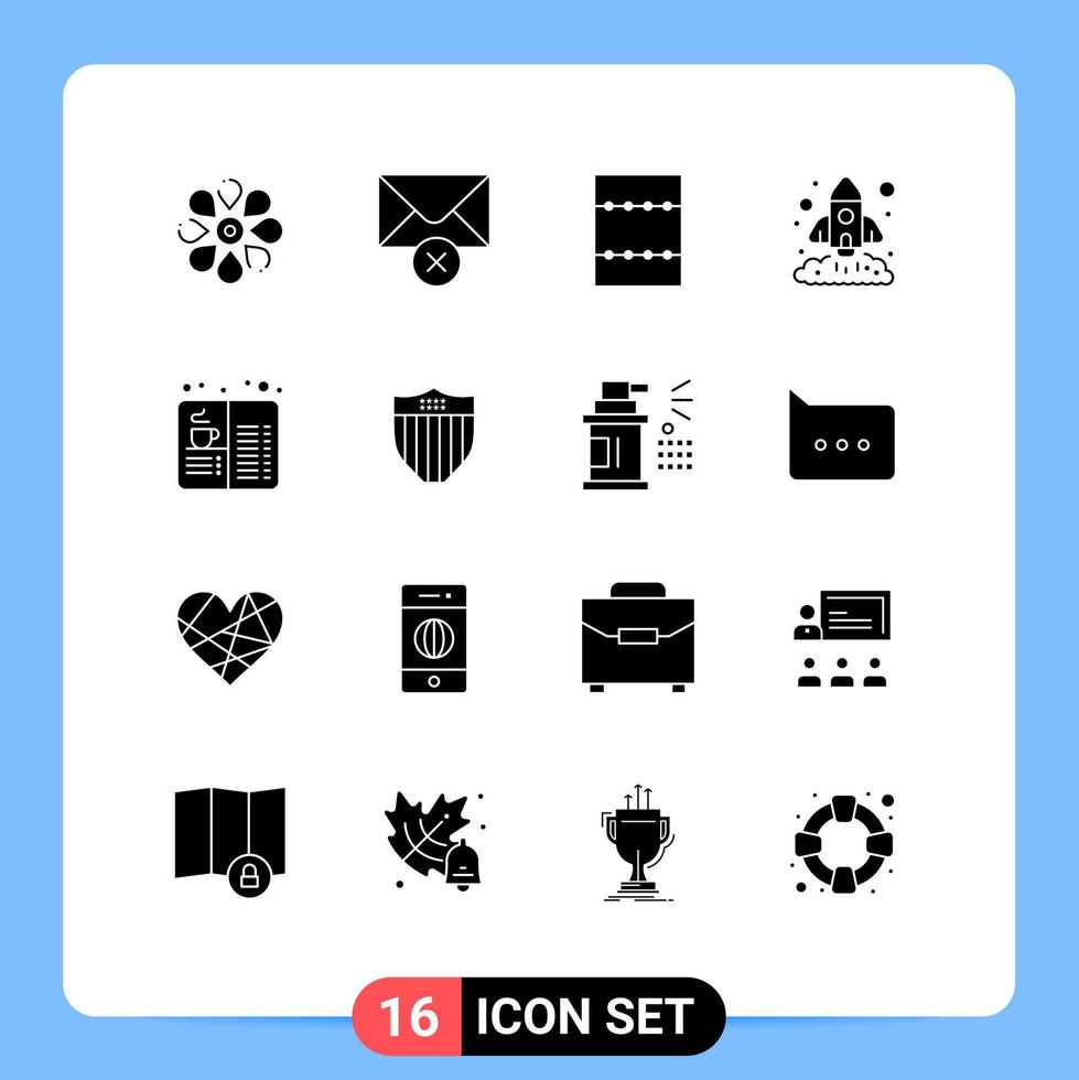 Set of 16 Commercial Solid Glyphs pack for coffee book layout startup marketing Editable Vector Design Elements