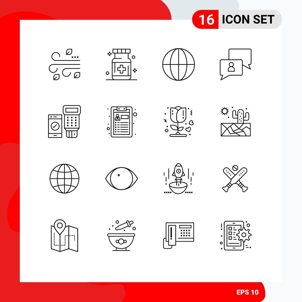 Modern Set of 16 Outlines Pictograph of payment user medicine man chatting Editable Vector Design Elements