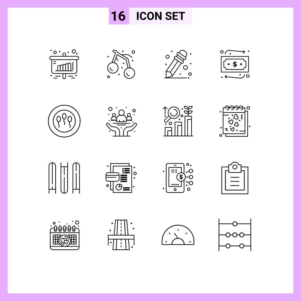 Group of 16 Outlines Signs and Symbols for cancer science pencil medical travelling Editable Vector Design Elements