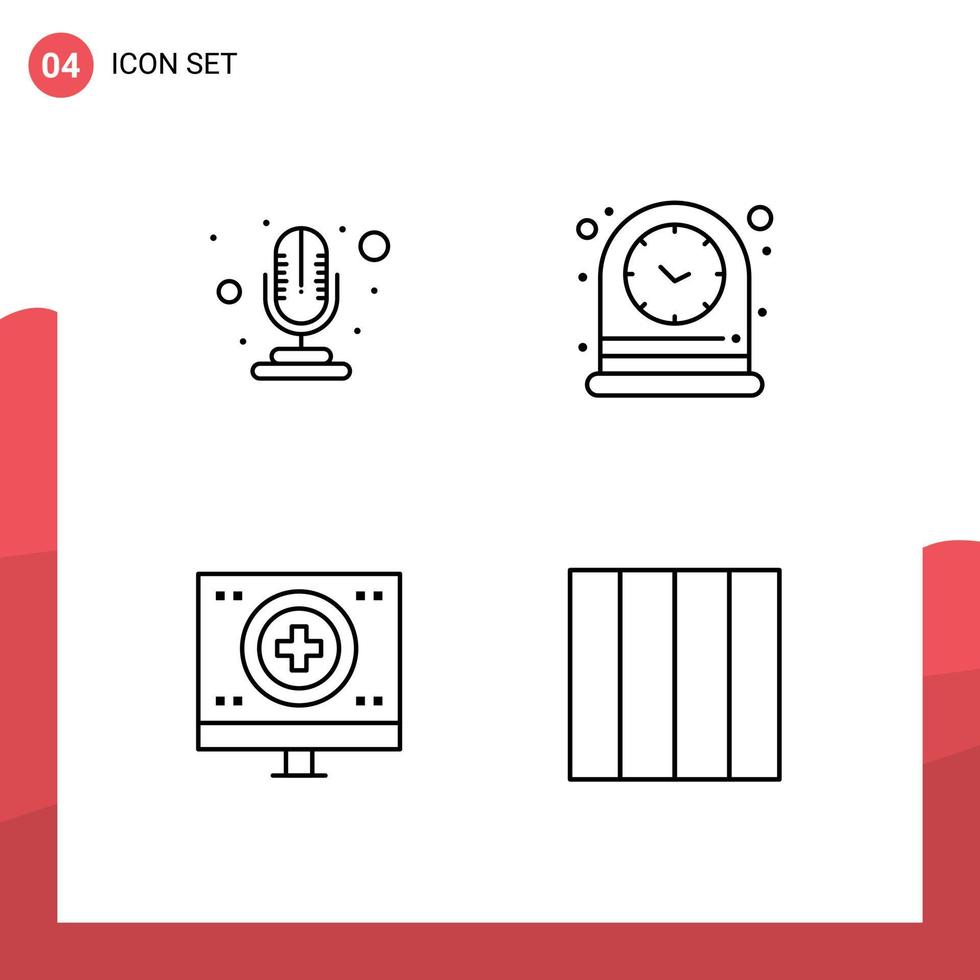 Pictogram Set of 4 Simple Filledline Flat Colors of mic heart clock watch monitor Editable Vector Design Elements