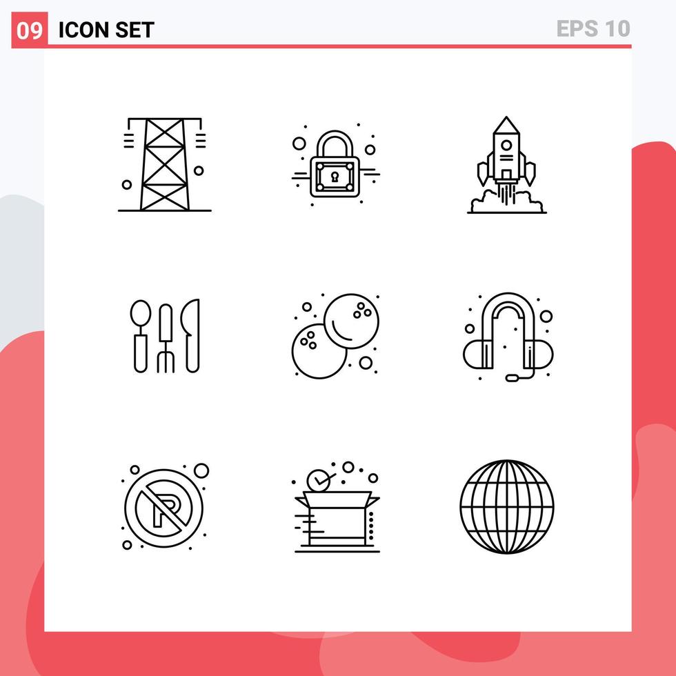 paquete de 9 signos y símbolos de contornos modernos para medios de impresión web, como elementos de diseño de vectores editables del juego de hotel de cohetes de servicio de coco