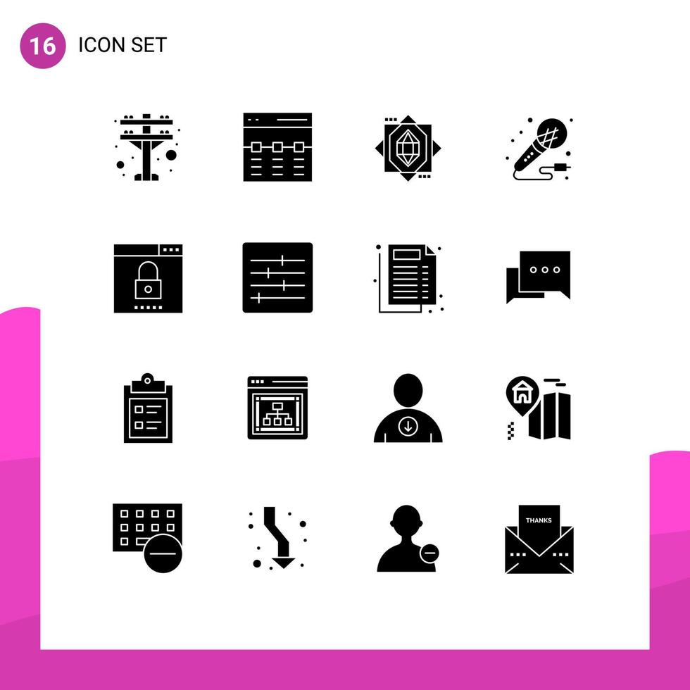Group of 16 Modern Solid Glyphs Set for media night core studio microphone Editable Vector Design Elements
