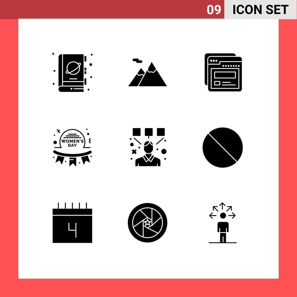 Mobile Interface Solid Glyph Set of 9 Pictograms of designing women page mothers day Editable Vector Design Elements
