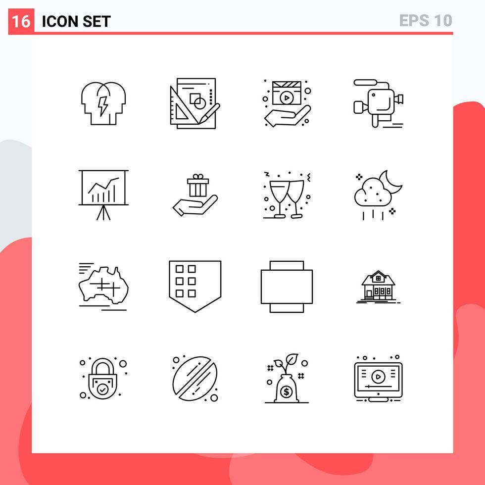 16 User Interface Outline Pack of modern Signs and Symbols of lecture film director cinema movie Editable Vector Design Elements