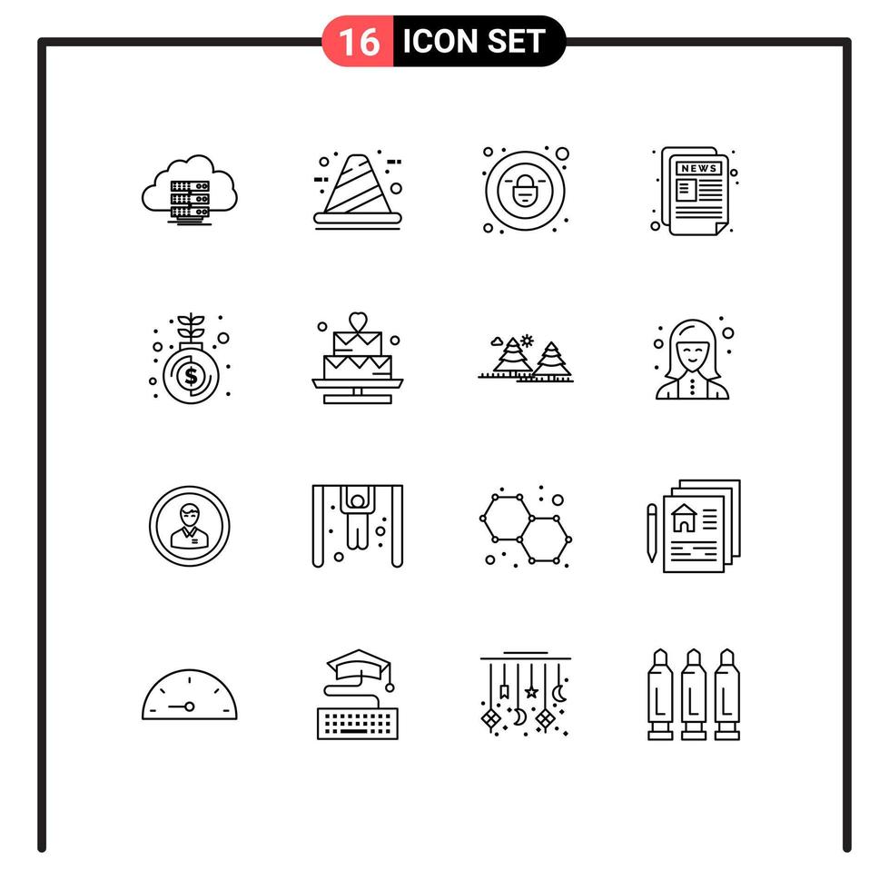 Universal Icon Symbols Group of 16 Modern Outlines of fund paper construction newspaper security Editable Vector Design Elements