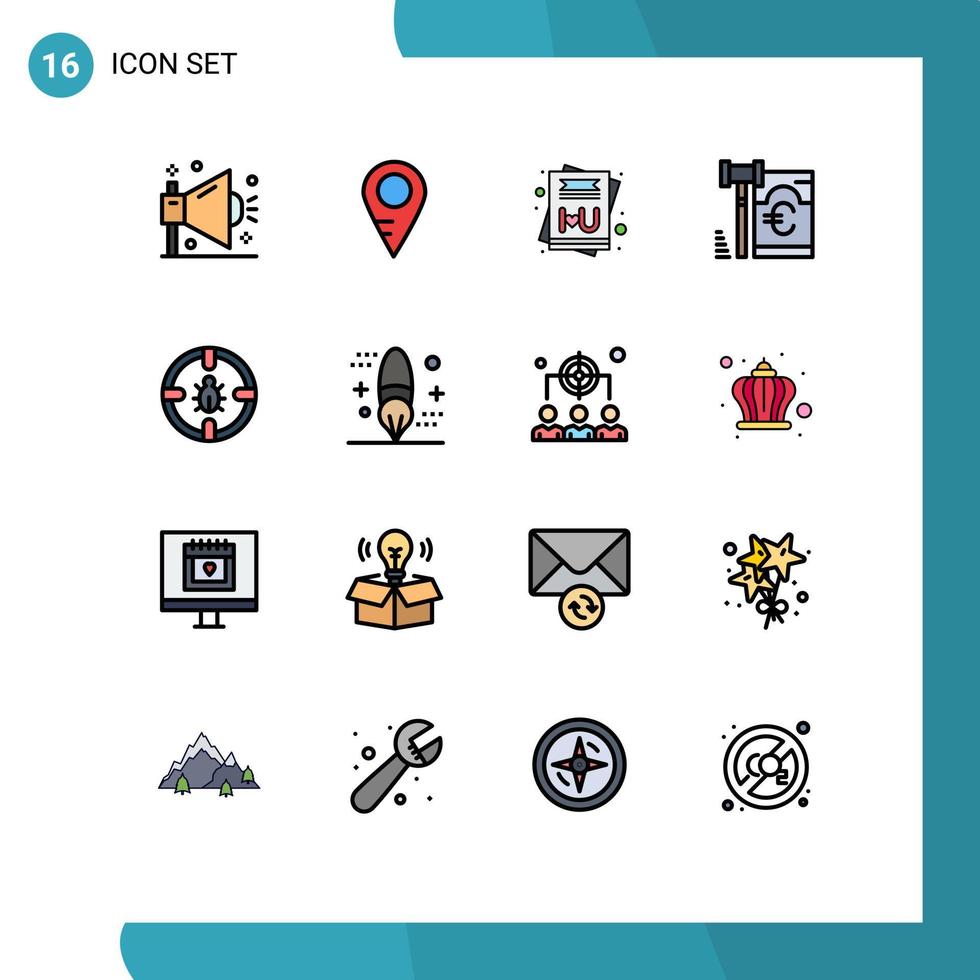 Pack of 16 creative Flat Color Filled Lines of network bug card law euro Editable Creative Vector Design Elements