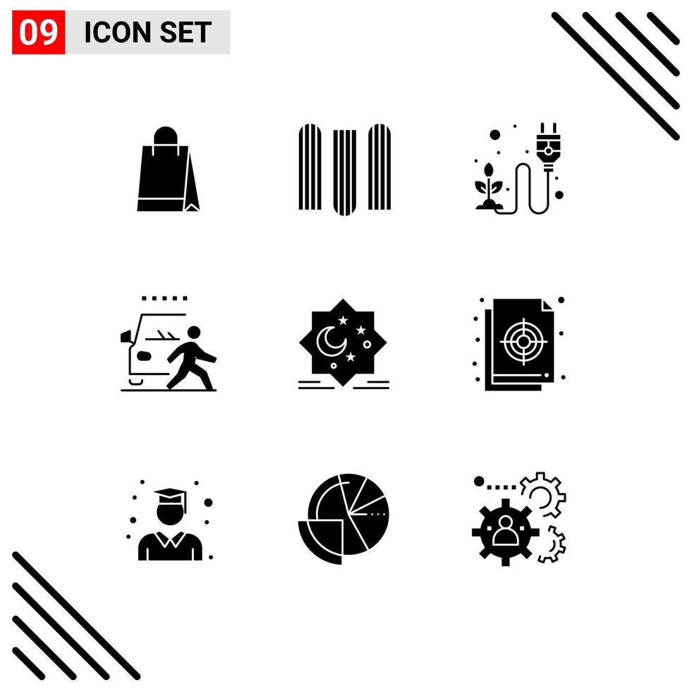 Mobile Interface Solid Glyph Set of 9 Pictograms of moon pedestrian electricity danger and Editable Vector Design Elements