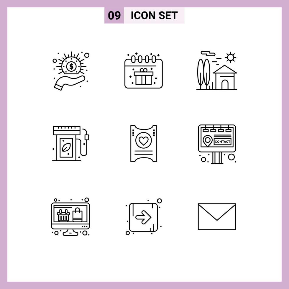 Set of 9 Vector Outlines on Grid for love gas station house energy earth day Editable Vector Design Elements