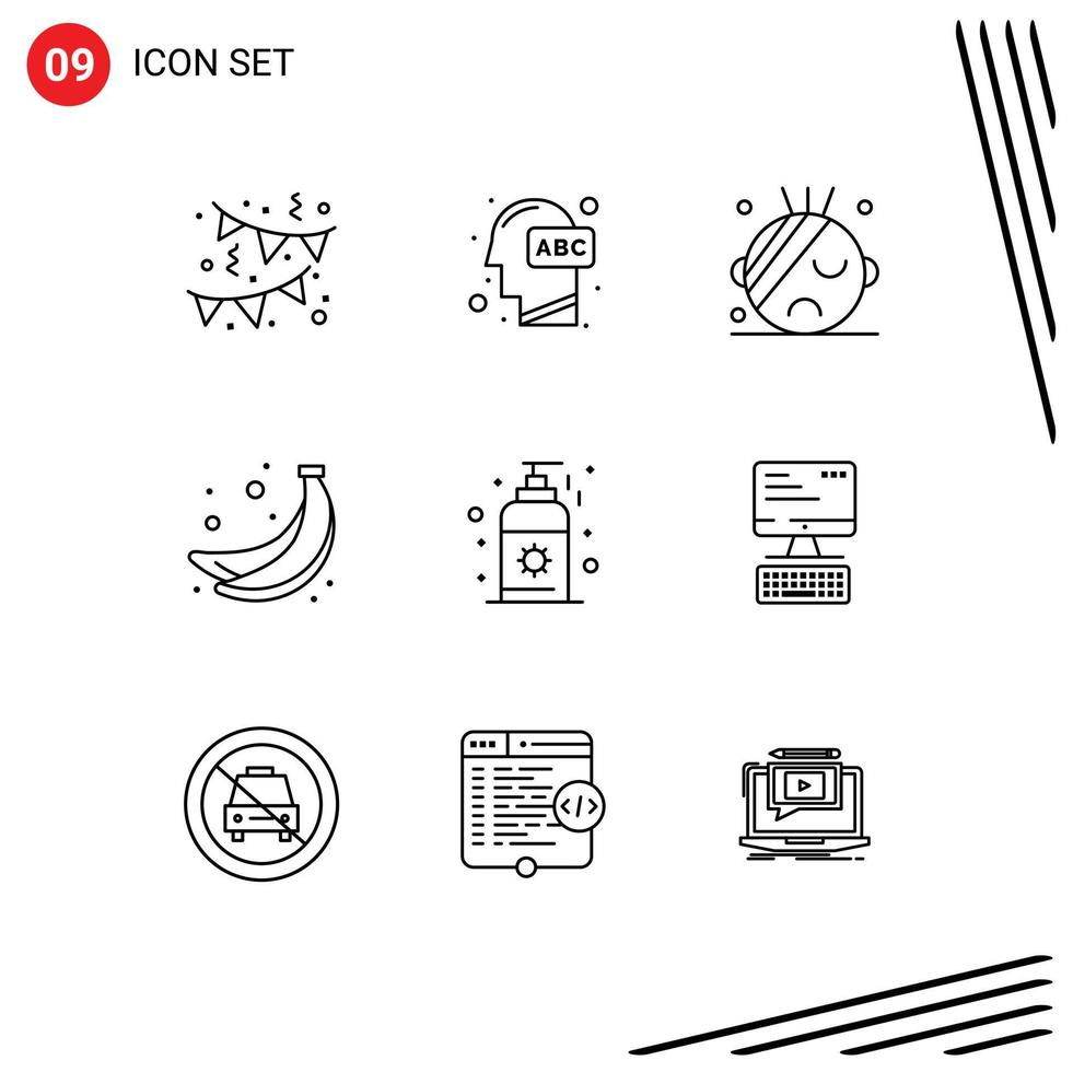 Modern Set of 9 Outlines and symbols such as computer sunblock healthcare beach food Editable Vector Design Elements